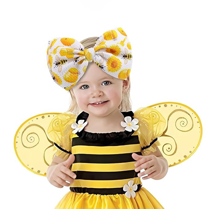 YanJie Hairband, Baby Girls Headband with Bow, Sunflower Printed, Wide Headbands, Elastic Hair Bow Headwrap, Knotted Headband, Newborn Infant Toddlers Hair Accessories, Bee, 2 Count