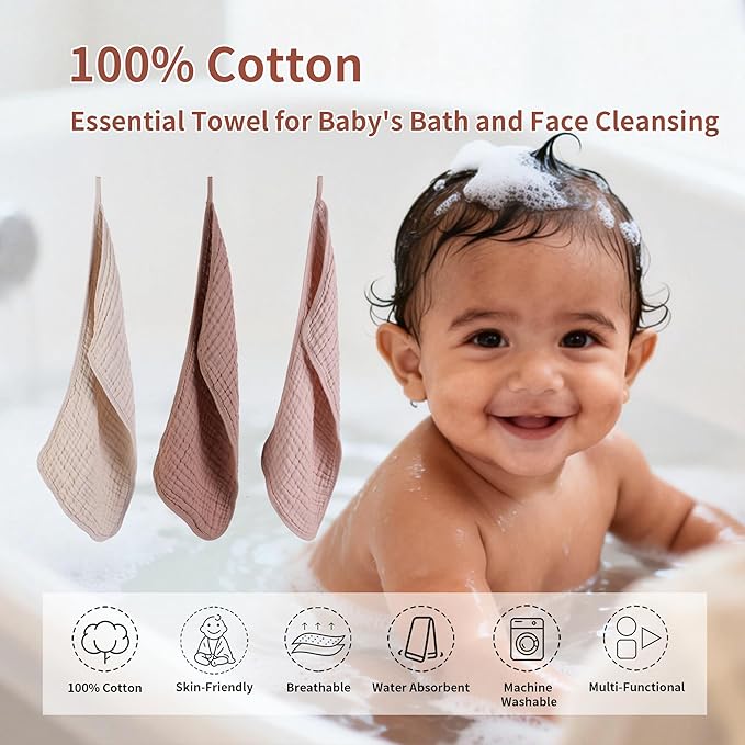 Baby Washcloths and Burp Cloths,20 x 10 Inches,Perfect as bath towels,face cloths,spit-up rags,burp cloths,and more.Suitable for newborns,infants,and toddlers(Medium Khaki,Off-White, Light pink)