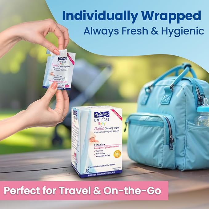 Purified, Non Irritating, Tear Free, Hypoallergenic & Sensitive Approved Baby Eyelid Wipes by Dr. Fischer – Pre-moistened, Rinse Free and Pediatrician Recommended - (30)