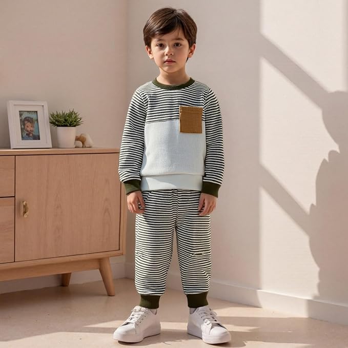 Toddler Baby Boy Fall Outfit Long Sleeve Crew Neck Contrast Color Sweatshirt Top Pant Cute Newborn Infant Waffle Clothes