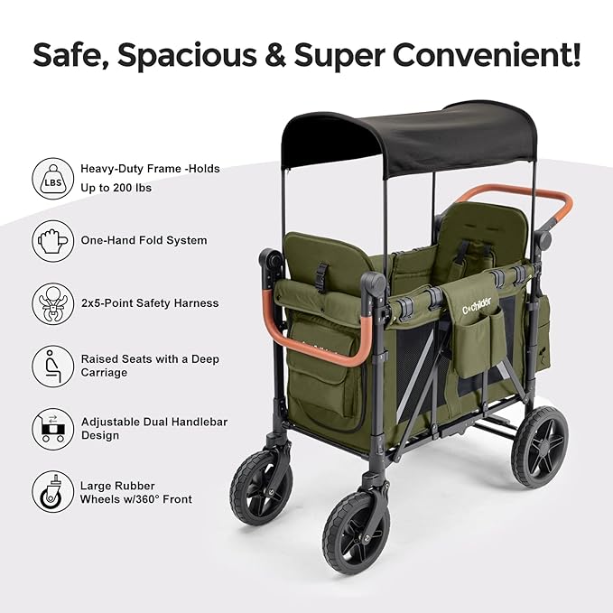 Premium 2 Seater Wagon Stroller for Kids, Foldable All-Terrain Stroller Wagon with Removable Seats, Adjustable 5-Point Safety Harness, Canopy, and Dual Handles, Green
