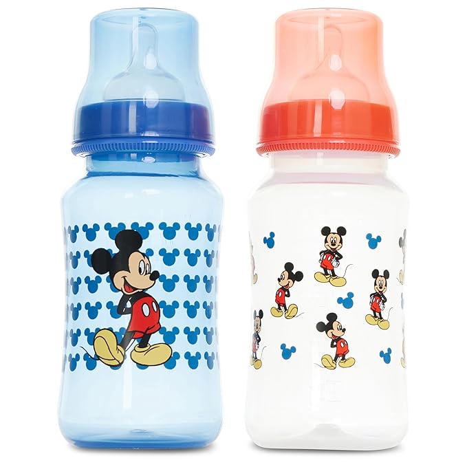 Disney Baby Bottles and Pacifiers Set – 2 Hourglass-Shaped 11oz Bottles + 2 Orthodontic Pacifiers – Officially Licensed Mickey, Minnie, Pooh & Dumbo Designs – BPA-Free Feeding Gift Set