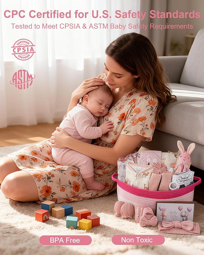 22-Pcs Baby Girl Gift Basket Set, Pink (0-12M Newborn) | Premium Baby Shower Gifts for Girls: Newborn Essentials Set in Woven Basket with Balloon & Bow, Ultimate Welcome Baby Package
