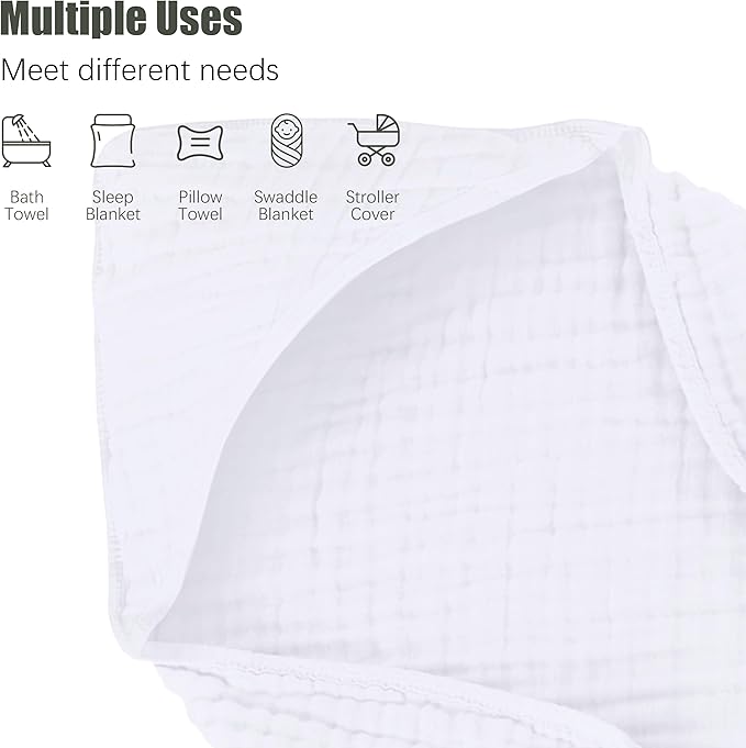 2 Pack Hooded Baby Towels - 100% Muslin Cotton for Newborns, Infants, Toddlers - Large 32x32Inch Size - Highly Absorbent and Essential for Newborn Care, White and Grey