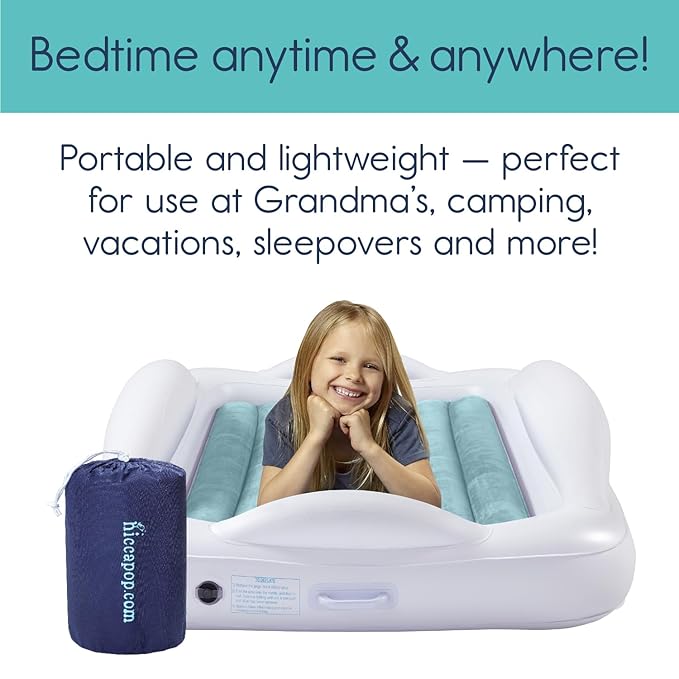 Hiccapop Inflatable Toddler Travel Bed with Safety Bumpers [4-Sided], Portable Toddler Bed for Kids, Toddler Air Mattress, Kids Air Mattress - Misty Blue