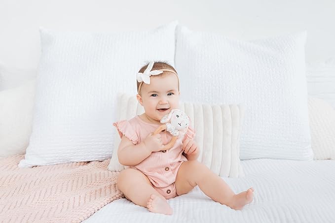 Pearhead Floral Bunny Wooden Baby Teething Ring, Natural Wood & Plush Infant Teether Rattle, BPA-Free Newborn Gum Soother, Easy-Grip Sensory Toy, 0 Months+