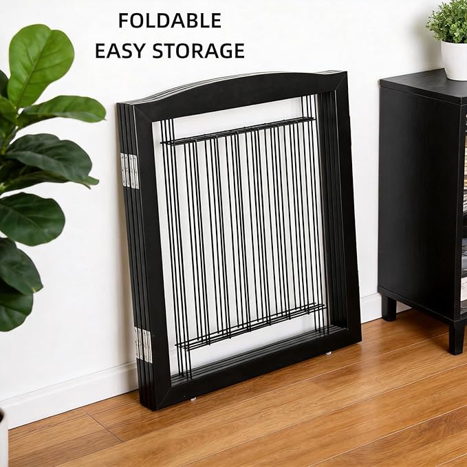 ZJSF Freestanding Dog Fence Indoor, Foldable Dog Gate for Doorways, Stairs or Hallways, Sturdy Wood Extra Wide Pet Gate with Support Feet for The House, Black, 32 "Height-4 Panels