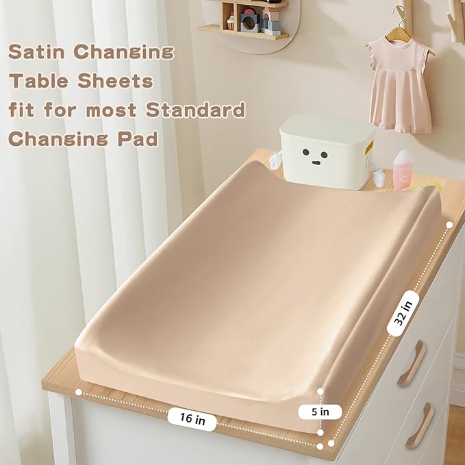 SiinvdaBZX 2 Pack Changing Pad Cover for Baby Girls Boys, Satin Silky Soft Changing Table Covers 32"x16"+5" Diaper Changing Pad Sheets, Green & Beige