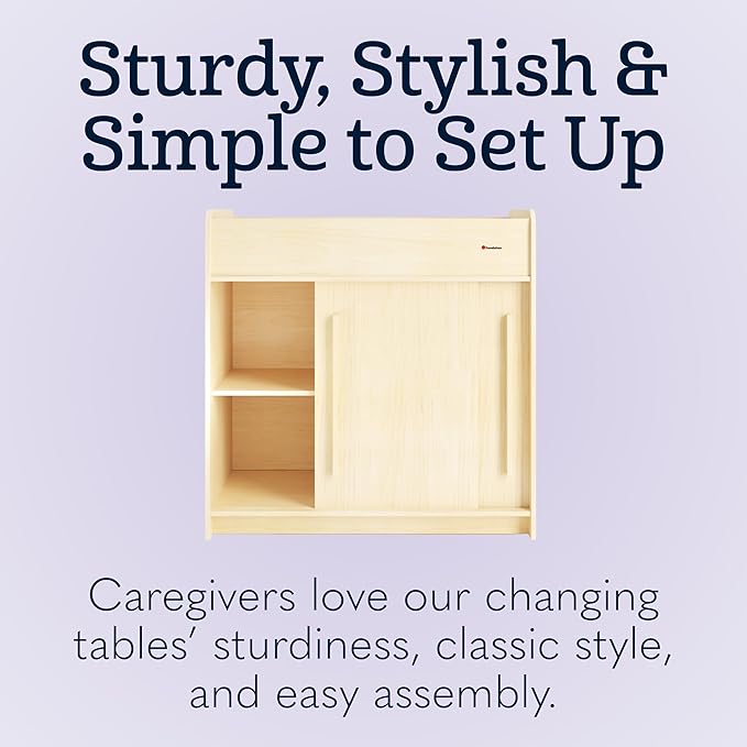 Foundations SafeGlide Daycare Changing Table, Durable Wood Construction, Built-in Shelving for Ample Storage, Gliding Doors, Adjustable Safety Strap, Includes Foam Mattress Pad, Natural