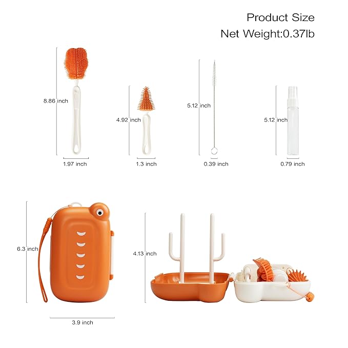 Baby Travel Essential Bottle Brush Set, Baby Bottle Cleaning Kit, Baby Bottle Cleaner Brush Set, 7 in 1, Orange