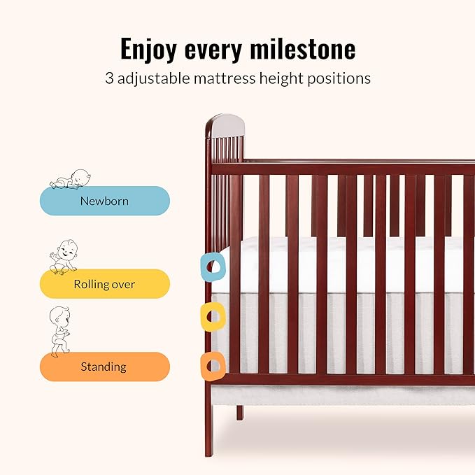 Dream On Me Anna 3-in-1 Convertible Full-Size Baby Crib & Changer with Storage in Cherry, GreenGuard Gold & JPMA, Pinewood, Converts to Day & Toddler Bed, 3 Mattress Heights, 1″ Changing Pad