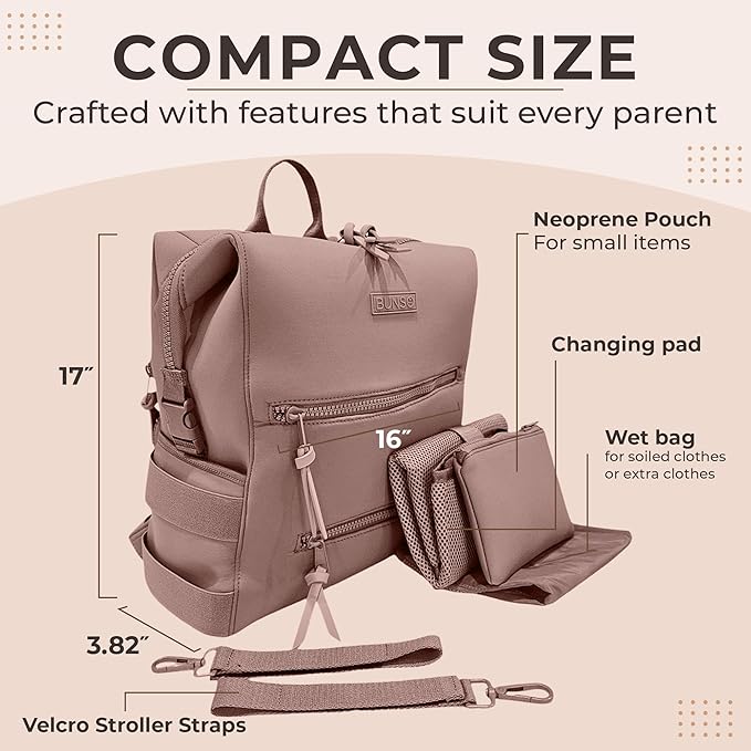 Neoprene Diaper Bag, Minimalist Backpack Diaper Bag with Pouch, Changing Pad, and Stroller Straps, Water Resistant and Lightweight Baby Girl Diaper Bag, Diaper Bag Backpack, Mauve