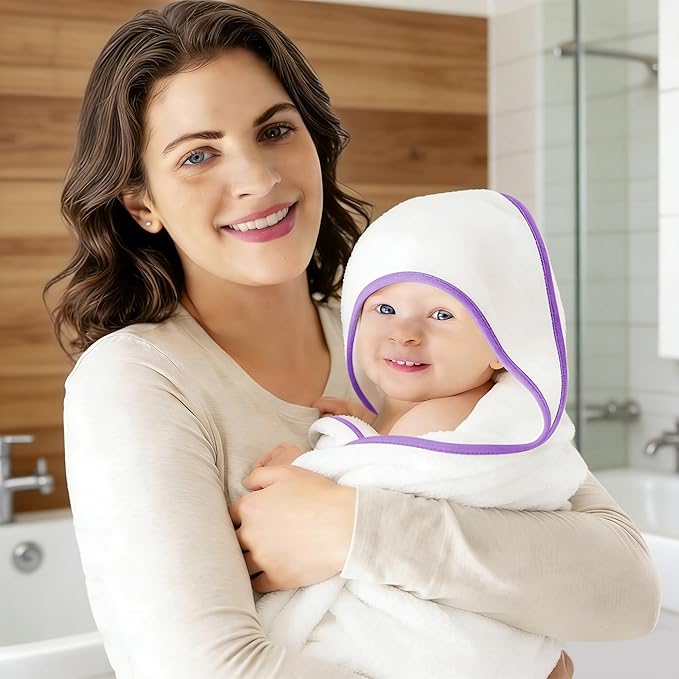 2 Pack Baby Bath Towel - Rayon Made from Bamboo, Ultra Soft Hooded Towels for Babies,Toddler,Infant - Newborn Essential -Perfect Baby Registry Gifts for Boy Girl (White and Violet, 30 x 30 Inch)