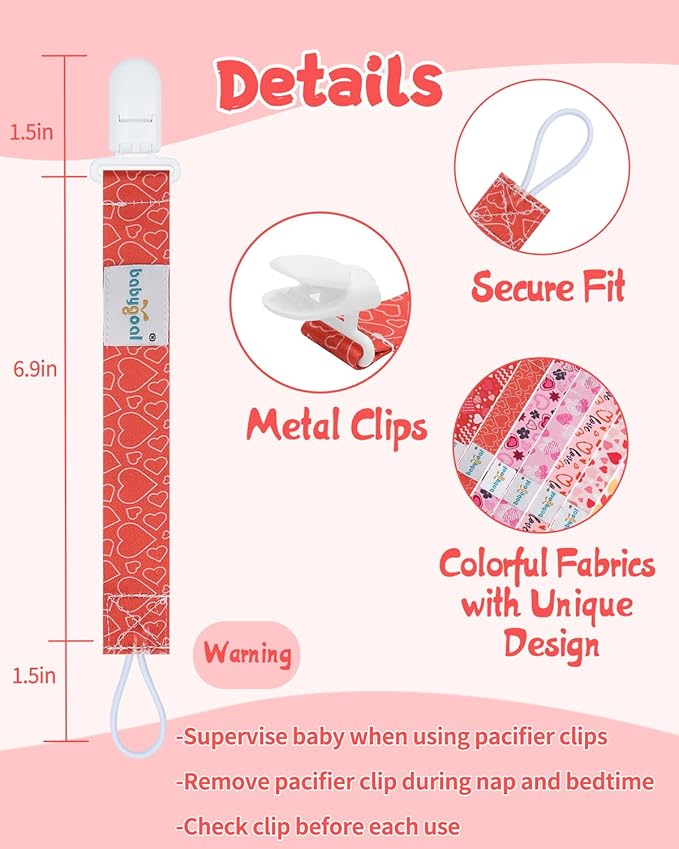 babygoal Baby Heart Pacifier Clips, 8 Pack Binky Paci Holder Clips Fits for Most Pacifier, Binkies and Valentine's Day Gift 8PB31-B