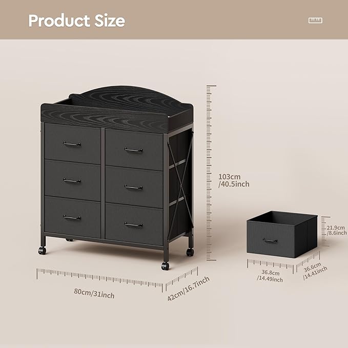 Baby Changing Table Dresser with Wheels, 6-Fabric Drawer Baby Dresser with Changing Table Top, Waterproof Diaper Changing Station & Pad, Mobile Storage Unit, Compact Baby Furniture, Black