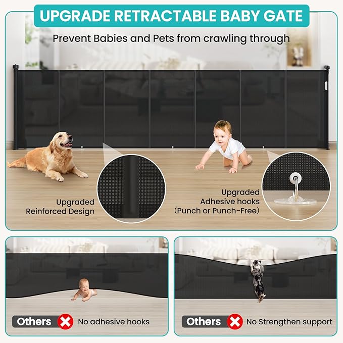 Upgrade Retractable Baby Gates Extra Wide (200" W x 42" H), 200 inch Reinforced Retractable Dog Gate to Prevent Crawling Through, Retractable Gate Outdoor/Indoor, Real One-Handed Operation, Black