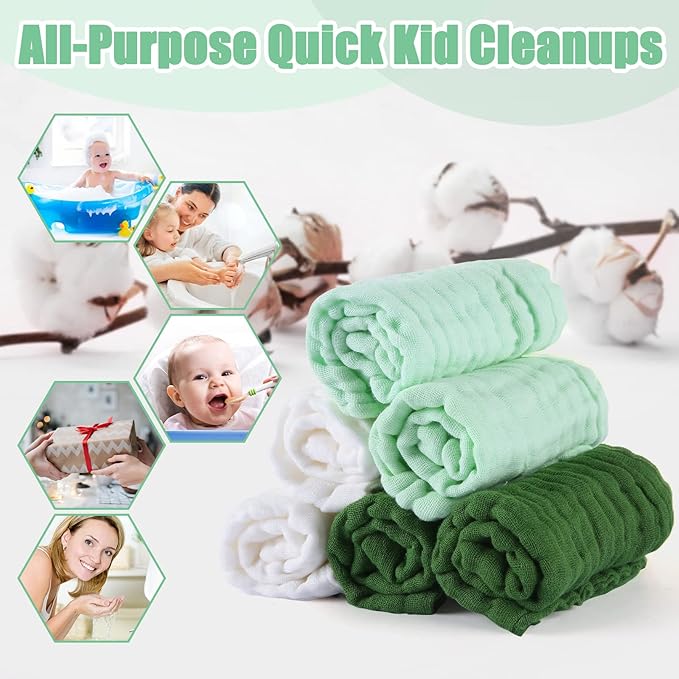MUKIN Baby Washcloths - Soft Face Cloths for Newborn, Absorbent Bath Face Towels, Baby Wipes, Burp Cloths or Face Towels, Baby Registry as Shower. Pack of 6-12x12 inches (Green)