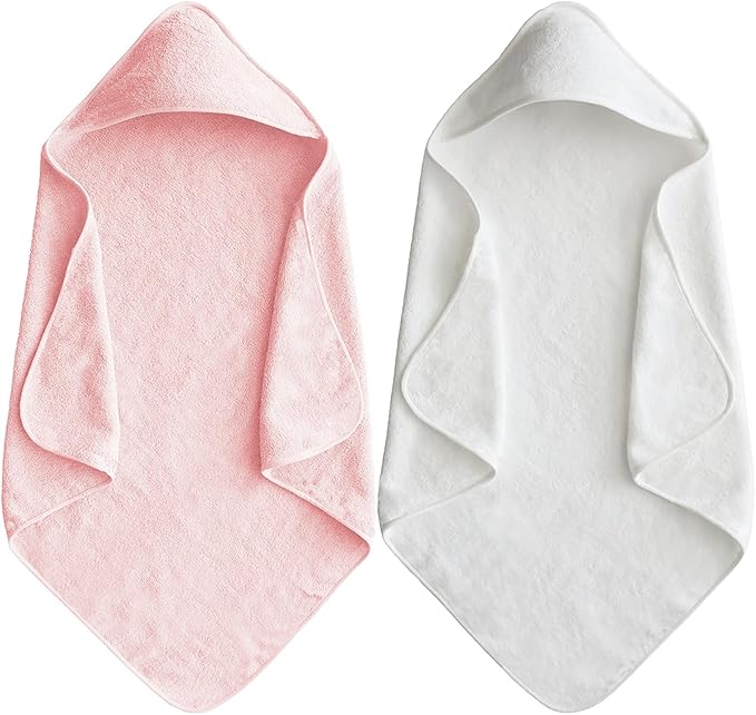 Baby Hooded Bath Towel 31.5"x31.5" Ultra Absorbent Soft Coral Fleece, for Newborn Infant Toddler Up to 3 Years, Unisex Bathrobe Blanket for Boys & Girls 2PCS(White Pink)