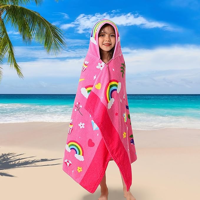 VOOVA & MOVAS Hooded Towels for Kids 3-8 Years, 30''X50, Soft Thick Cotton | Absorbent Beach, Bath, Pool Swim Towels | Cover up for Girls | Pink Floral Unicorn
