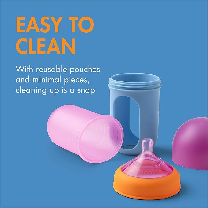 Boon Nursh Bottles - Silicone Baby Bottles Help Ease Colic Symptoms - Formula and Breast Milk Only Touch Food-Grade Silicone - Medium Flow - 8 Oz - Color Block