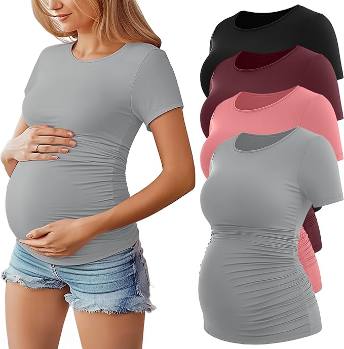 Huukeay 4 Pack Women's Maternity Shirts, Crew Neck Maternity Top Short Sleeve Casual Cotton Tee Side Ruched Pregnancy Clothes