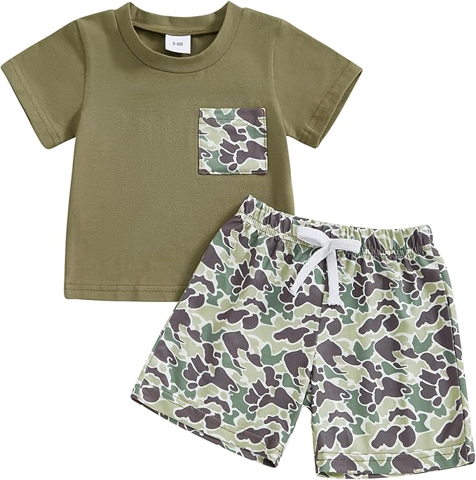 fhutpw Toddler Baby Boy Summer Clothes Tractor Letter Short Sleeve T-Shirt Tops Pockets Casual Shorts Set Infant Outfits