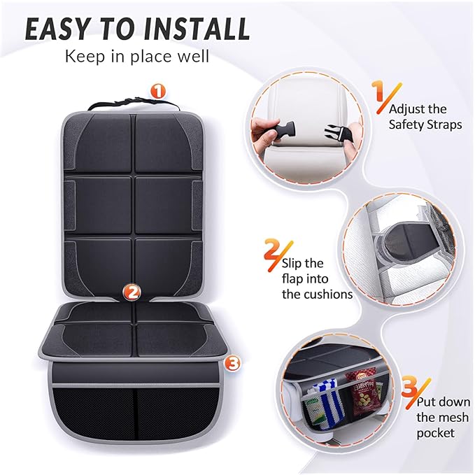 Gimars Car Seat Protector, 2 Pack, XL Thicken EPE Cushion Waterproof 600D Fabric Car Seat Cover for Child Car Seat with Nonslip Backing Mesh Pockets for Baby SUV Sedan Truck Leather Seats, Black-Gray