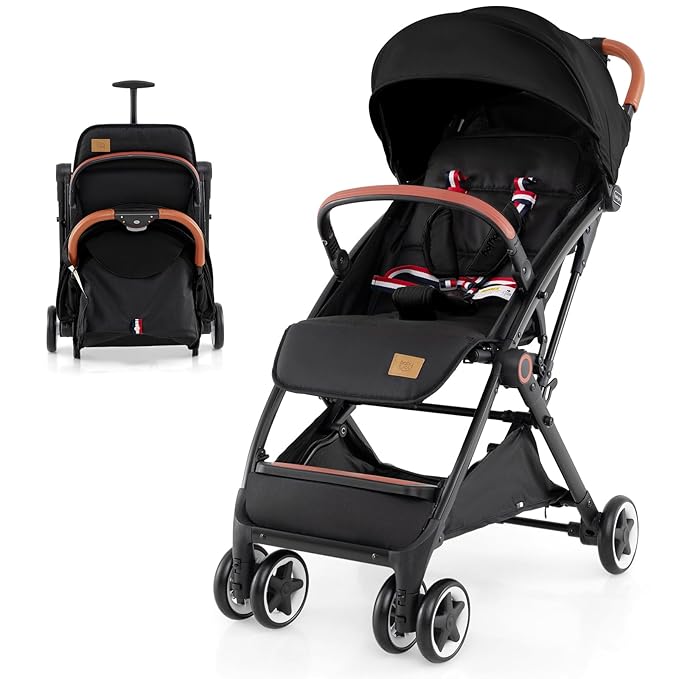 BABY JOY Lightweight Baby Stroller, Compact Toddler Travel Stroller for Airplane, Infant Stroller w/ 5-Point Harness, Adjustable Backrest/Footrest/Canopy, Storage Basket, Easy One-Hand Fold (Black)