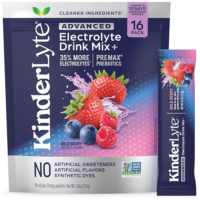 Kinderlyte Advanced Electrolyte Powder for Kids and Adults - Drink Mix Hydration Packets (Wild Berry, 16 Count), with PreMax Prebiotics, No Artificial Sweeteners or Flavors, No Synthetic Dyes
