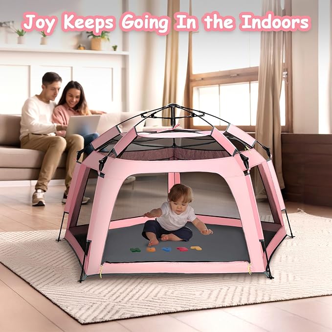 Baby Playpen Pop-up Tent - Outdoor & Indoor Play Tent for Beach with Canopy Travel Bag Portable Play Yard for Babies & Toddlers (Pink)
