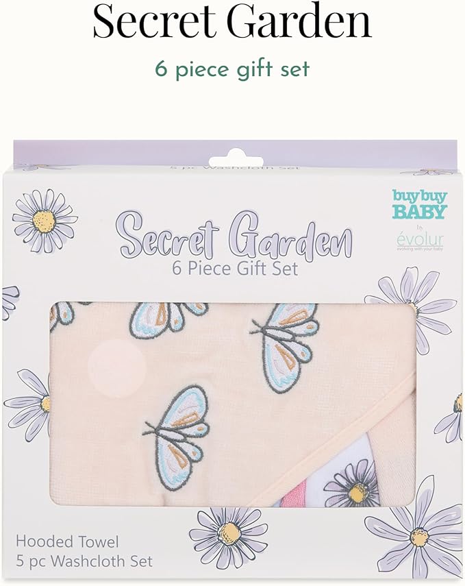 Evolur Secret Garden 6 pc Baby Gift Set, Includes Hooded Towel & 5pc Wash Cloths, Soft and 100% Cotton Woven, for Newborn, Infants and Toddlers 0-9 Months