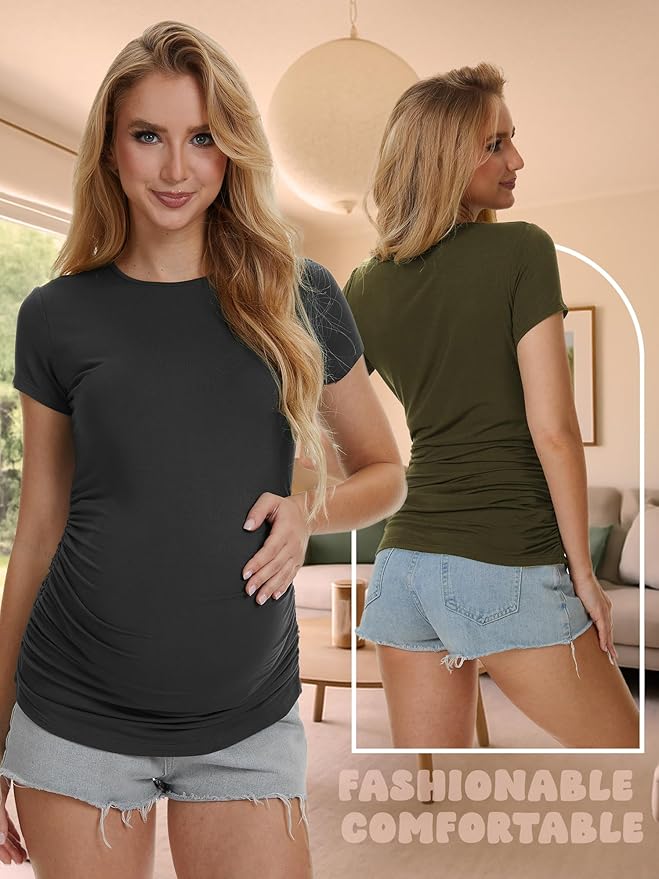 3 Pack Womens Maternity Shirts - Crew Neck Maternity Top Short Sleeve Pregnancy Tee Shirts