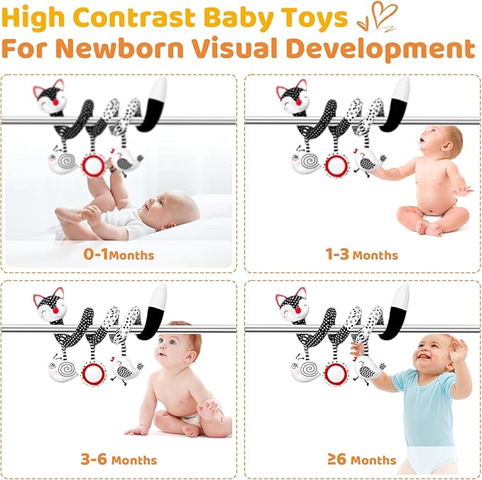 FATI Car Seat Toys for Babies, Hanging Toys for Newborns, Black and White High Contrast Toy for Baby, Spiral Stroller Toys for 0-12 Months Baby - Ideal Gift