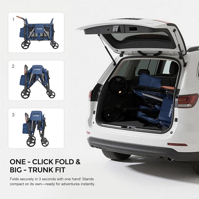 Elite 2 Seater Wagon Stroller for Kids, Foldable Stroller Wagon with Removable Seats & Canopy, 5-Point Safety Harness, Adjustable Handle, Blue