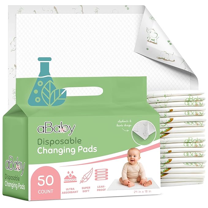 Disposable Changing Pads for Baby (50 Pack) Super Soft and Ultra Absorbent Baby Changing Pad - Leak Proof Diaper Changing Pads for Stress-Free Baby Diaper Changes - Green Elephant