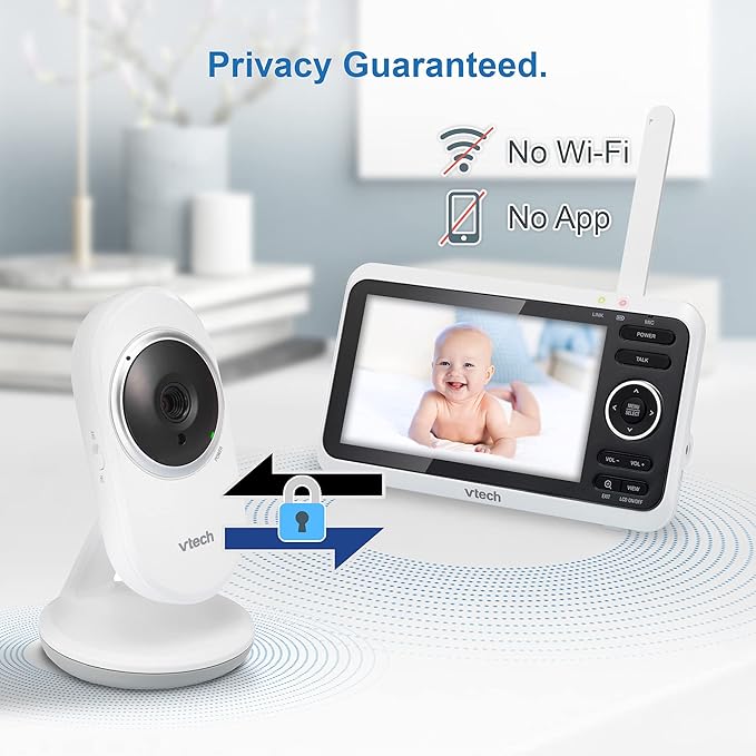 VTech VM350 No WiFi Video Baby Monitor - 5" High-Resolution Screen, Fixed Camera with 2X Zoom, 1000ft Range, Automatic Night Vision, 2-Way Talk, Lullabies, Temperature Sensor