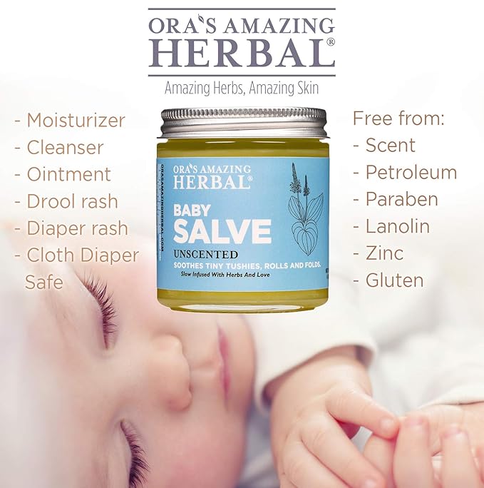 Baby Salve, Diaper Balm Ointment, Drool Rash Prevention, Natural Diaper Cream, Calendula Thyme Burdock Cream, Baby Eczema Acne and Rash Treatment, 4 oz, Ora’s Amazing Herbal