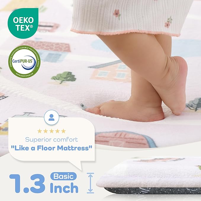 1.3" Thick Educational Baby Floor Play Mat 50x 50, Basic Padded Memory Foam Mat, Non-Slip Plush Playmat for Nursery Playroom Classroom (Community)