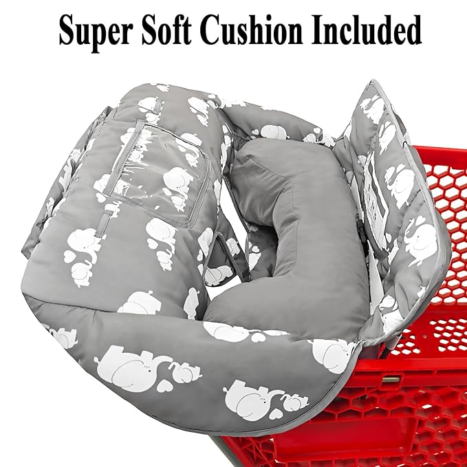 Love&go Soft Pillow Attached 2-in-1 Shopping Cart and High Chair Cover for Baby, Cotton Padded Cart Cover, Fold'n Roll Style, Portable with Carry Bag (Gray Elephant)