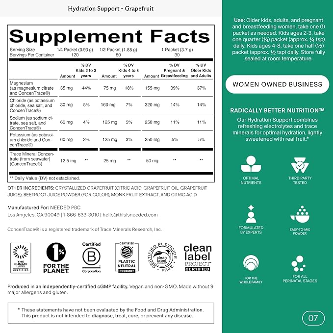 Needed. Hydration Support with Electrolytes & Trace Minerals – Electrolytes for Pregnancy & During Lactation - 30 Hydration Packets Lightly Sweetened with Real Fruit, Grapefruit
