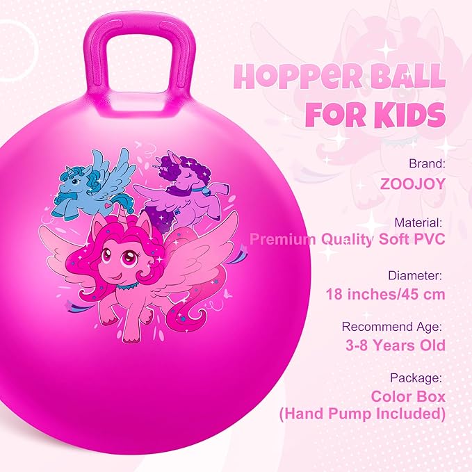 ZOOJOY Hopper Ball for Kids, 18 Inch Bouncy Ball with Handle, Pink Unicorn Girls Toys for Indoor Outdoor Acitve Play with Pump, Best Inflatable Balance Toys for Girls Boys Gifts 3 4 5 6 7 8 Years Old