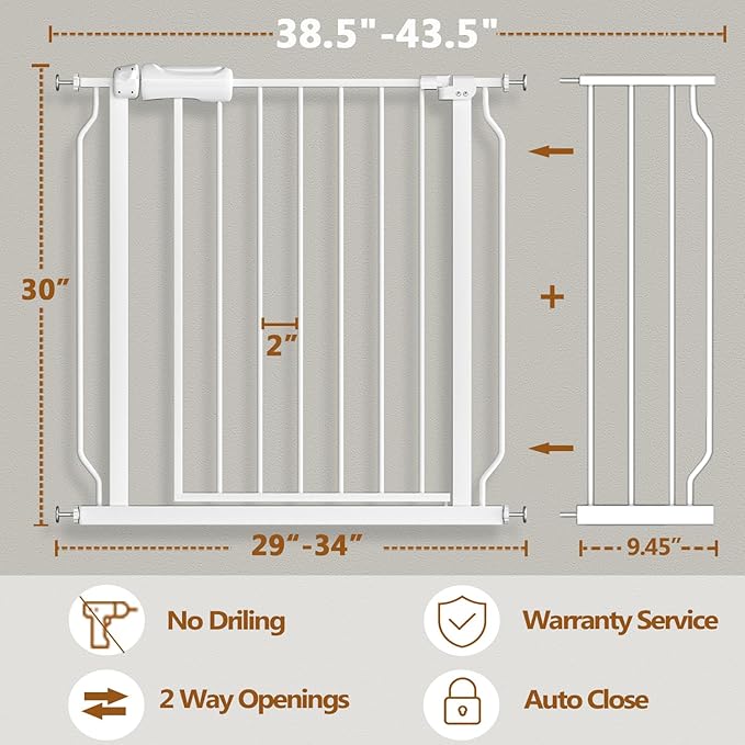 Fairy Baby 38.5-43.5 Inch Wide Baby Gate for Doorways Stairs, Hallway Walk Through Child Gates with Pressure Mounted Extention, Indoor Safety Child Gates for Kids or Pets