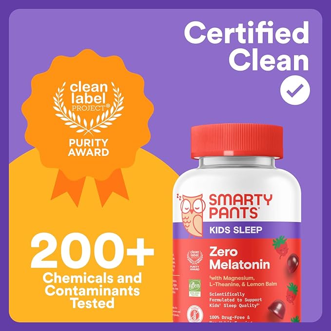 SmartyPants Kids Sleep Gummies Supplement Zero Melatonin: L Theanine, Lemon Balm & Magnesium, Sleep Aid, Strawberry Flavor, 60 Count