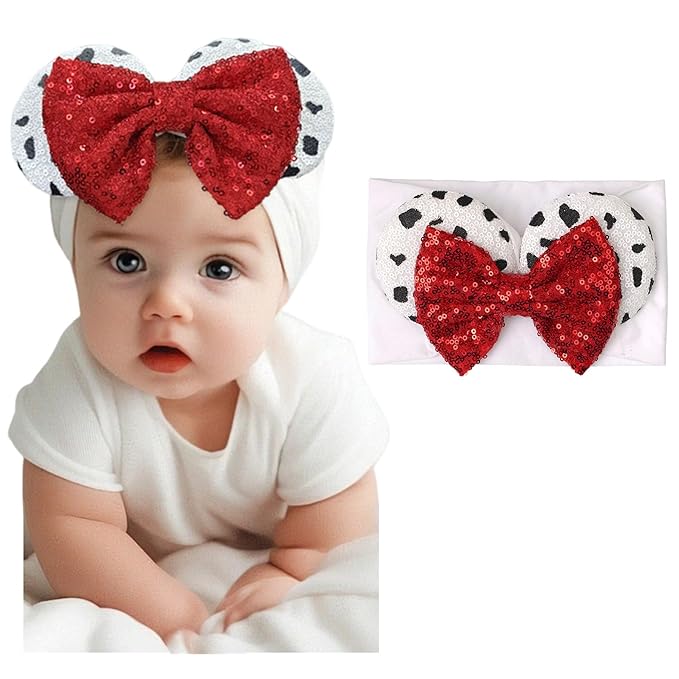 1PC Mouse Ears Nylon Headband Baby Girl Headwrap, Toddler Kids Party Halloween Christamas supplies (Red Bow White Spot)