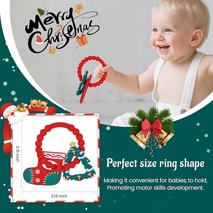 Silicone Baby Ring Toy with Christmas Stocking and Tree Teethers,Must Haves Teething Relief Chew Toys for 0-6,6-12 Months Boys and Girls,Newborns Essentials,Safe and Soft,BPA Free.