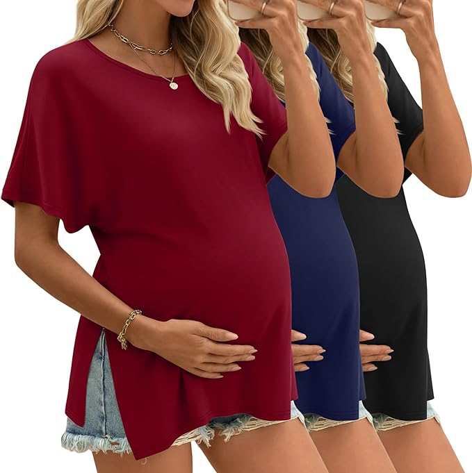 Riyiper 3 Pack Women's Maternity Tunic Shirts Cotton Summer Pregnancy Clothes Loose Oversized Split Side Blouse Tops