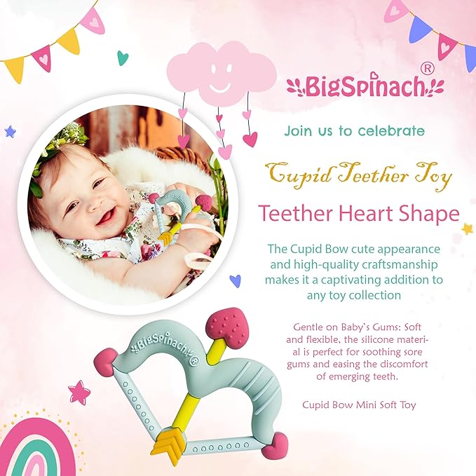 Teethers Heart Shape Silicone Baby Teether Toy Easy for Little Hands to Hold,Cupid Bow and Arrow Soft Teething Toy for Infants,Valentine's Gift for Girl or Boy (Green)