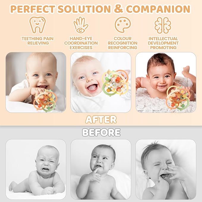 Baby Sensory Teething Toys, Baby Montessori Teether Toys for 0 3 6 9 12 18 Months, Silicone Tummy Time Toy with Rattle Ball for Newborn Infant, Learning Delopmental Gift for Boys Girls, Brown