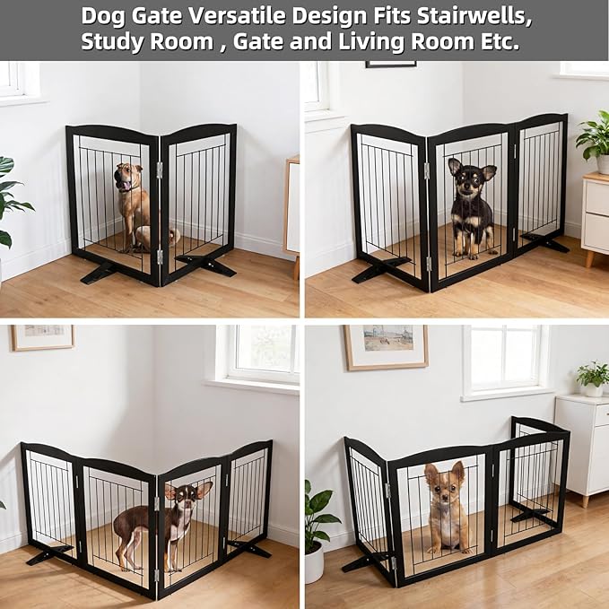 ZJSF Freestanding Dog Fence Indoor, Foldable Dog Gate for Doorways, Stairs or Hallways, Sturdy Wood Extra Wide Pet Gate with Support Feet for The House, Black, 32 "Height-2 Panels