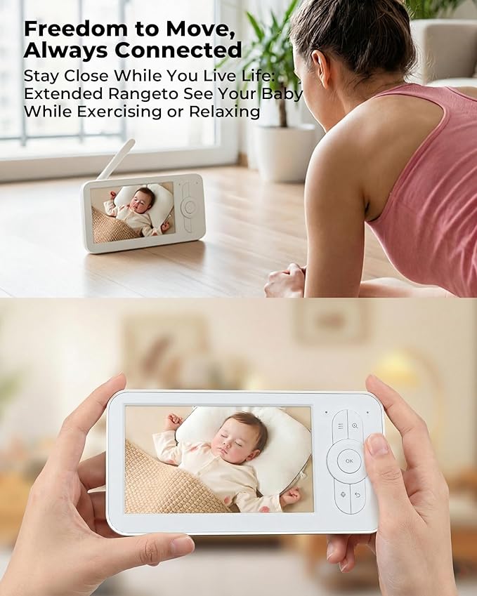 hazen No WiFi Baby Monitor with Camera and Audio, 5" Screen, 30-Hour Battery Life, Pan-Tilt-Zoom Camera, Night Vision, VOX, 2-Way Talk, 8 Lullabies, 1000ft Range, Baby Essentials, White